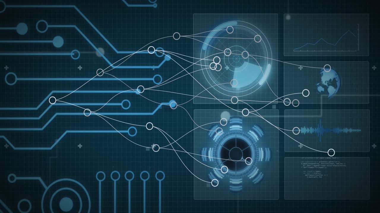 animación de círculos conectados sobre radar, globo, gráfico y patrón de placa de circuitos en el fondo