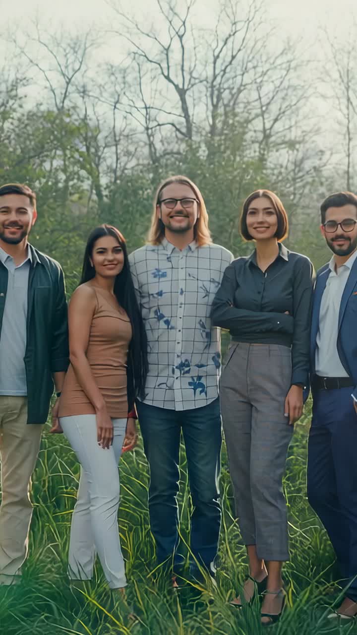 Vertical video: Zooming camera framing team amid bare trees in grassy meadow, focusing central trio