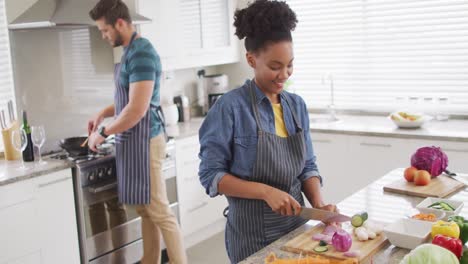 Video-of-happy-diverse-couple-preparing-meal,-cutting-vegetables-in-kitchen