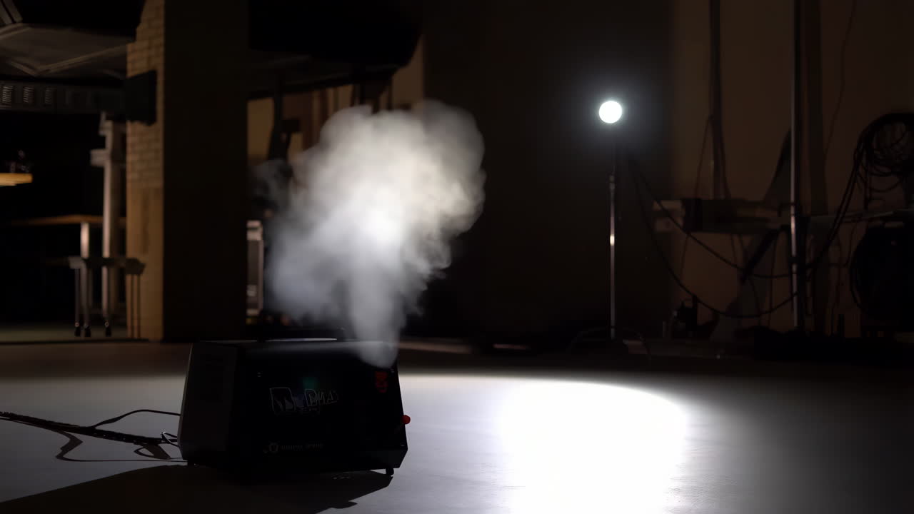 A fog machine creating smoke under a spotlight in a dark room