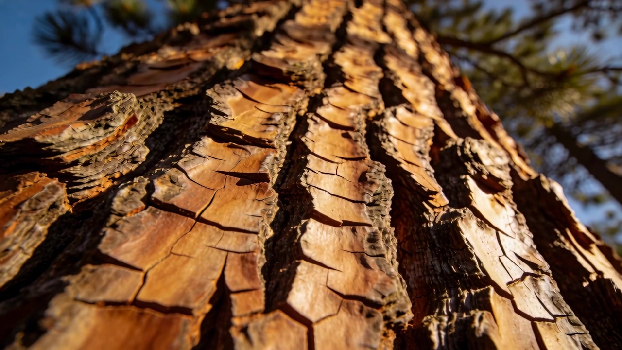 Telecamera che panoramica verso l'alto, rivelando un tronco di conifera con corteccia che si sfalda in una foresta illuminata dal sole per mostrare la texture.