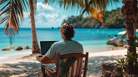 man working on laptop at tropical beach