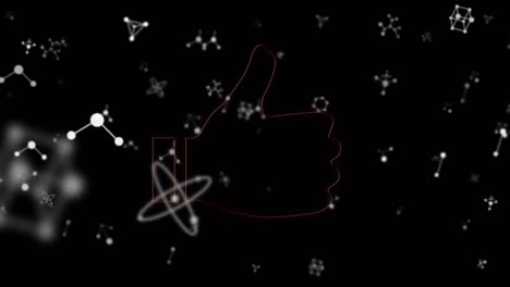 Animation-of-red-neon-thumb-up-like-symbol,-over-white-connections-on-black-background