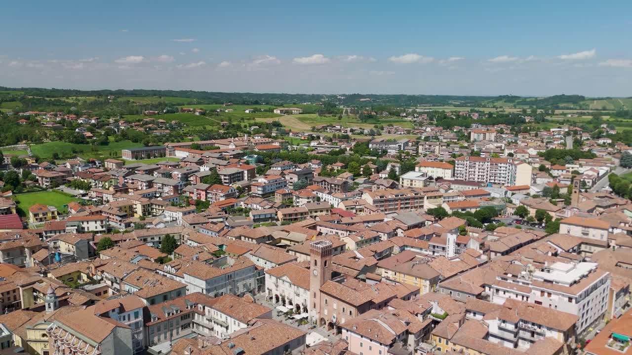 Nizza Monferrato, UNESCO site, Asti, Piedmont, Italy. 4k aerial view of the city. Langhe-Roero and Monferrato. Flying forward above the city.