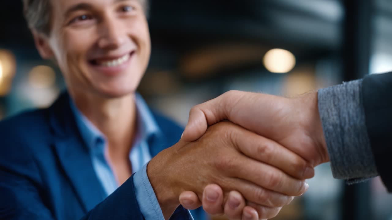 Handshake Between Two Professionals Signifying Agreement and Collaboration in a Business Environment with Smiling Faces and Friendly Atmosphere