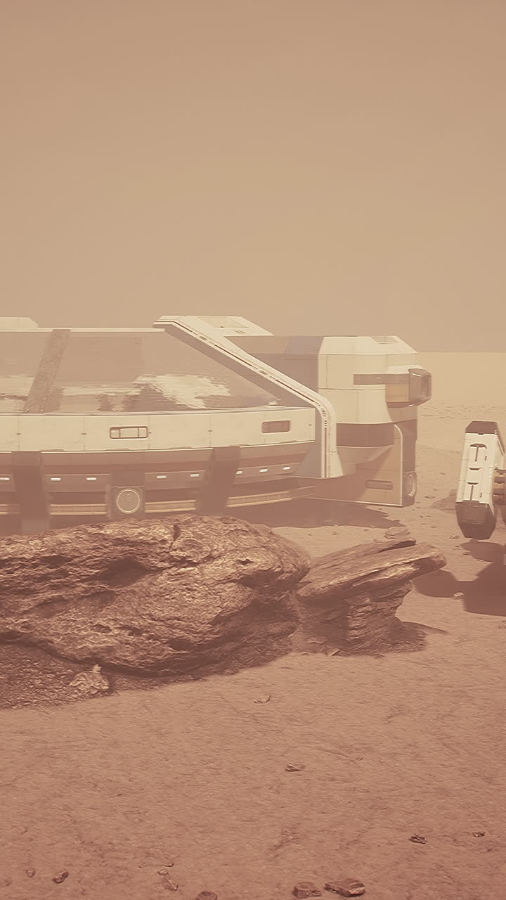 Hylättyjä avaruusaluksia pölyisessä Mars-maisemassa