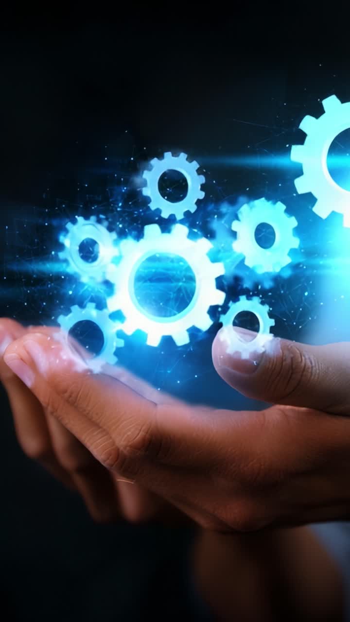 Hands Holding a Blue Illuminated Gear Symbolizing Technology, Innovation, and Engineering Progress in a Digital Age of Rapid Development and Creativity