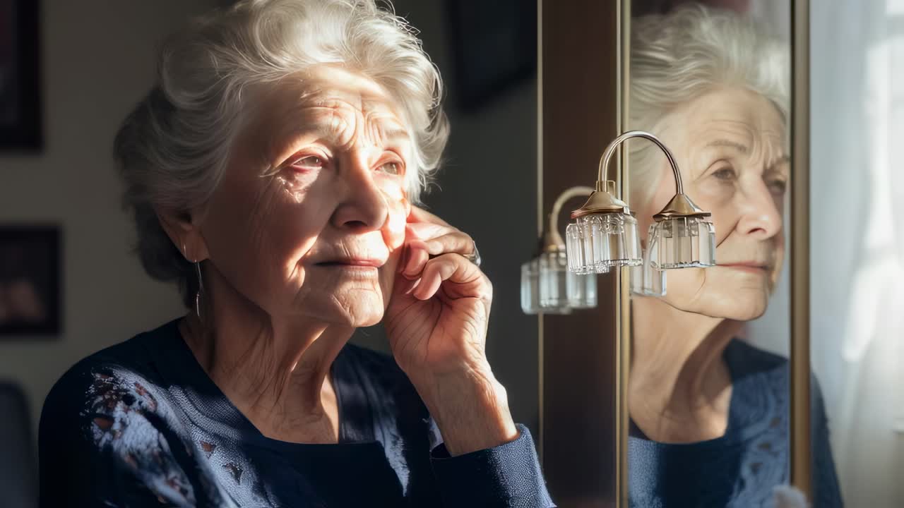Sad elderly woman gazing into the mirror, gently touching her face with her hand, lost in memories of her youth and reflecting on the passage of time and life's changes