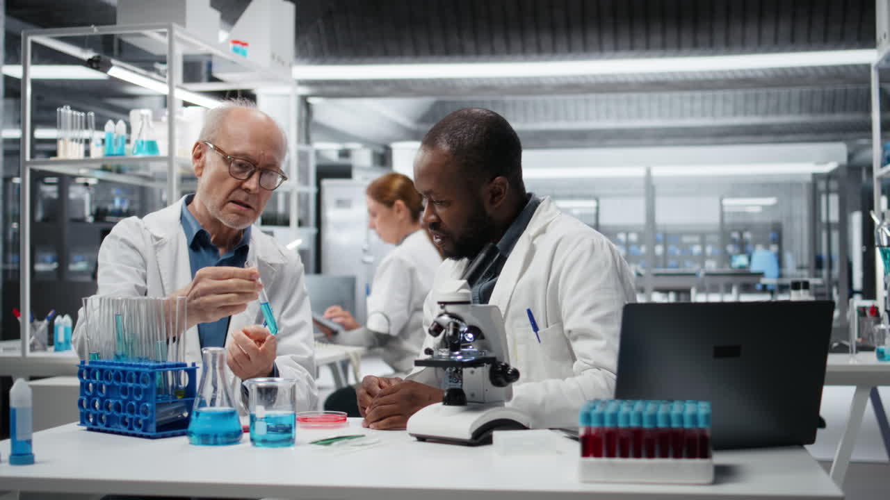 Teamworking lab researchers evaluating blue compound solution