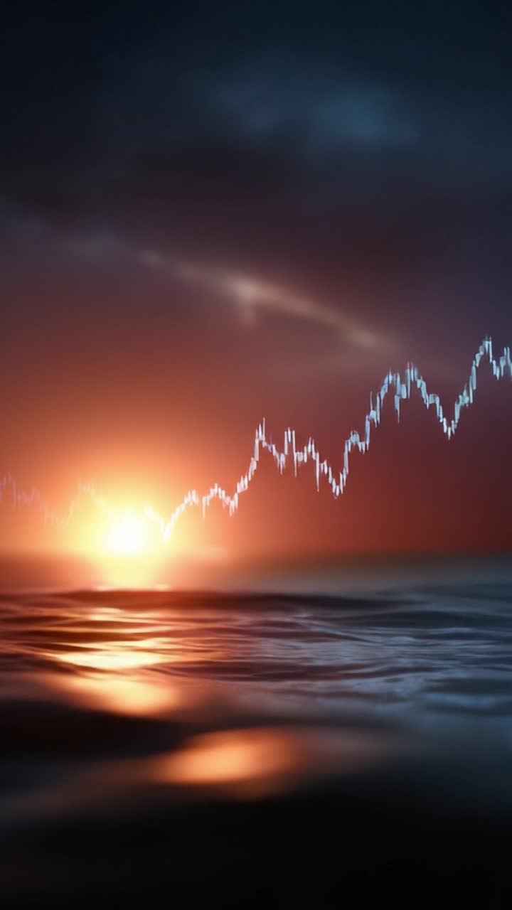 Tramonto Drammatico sull'Acqua con Grafico del Mercato Azionario in Salita, Simboleggiando Crescita Finanziaria e Opportunità in una Scena Visiva Mozzafiato.