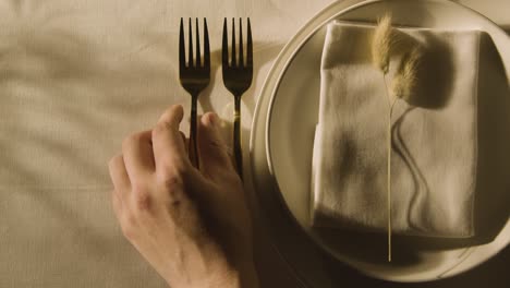 overhead of table setting with plate napkin and hand picking up fork