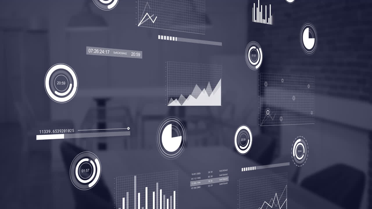 animación de múltiples gráficos moviéndose sobre sillas vacías y mesa en una cafetería