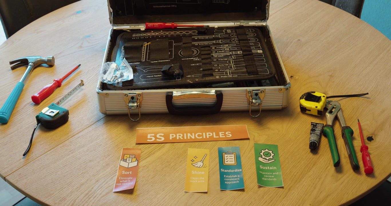 Hand holding “Set in Order” 5S card with tools arranged in the background, representing structured organization and easy access.