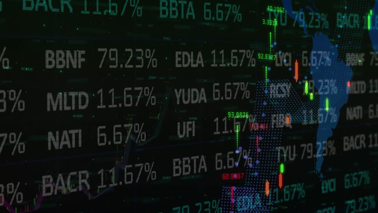 animación de estadísticas y números, procesamiento de datos financieros sobre el mapa del mundo
