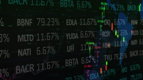 Animación-De-Estadísticas-Y-Números,-Procesamiento-De-Datos-Financieros-Sobre-El-Mapa-Mundial