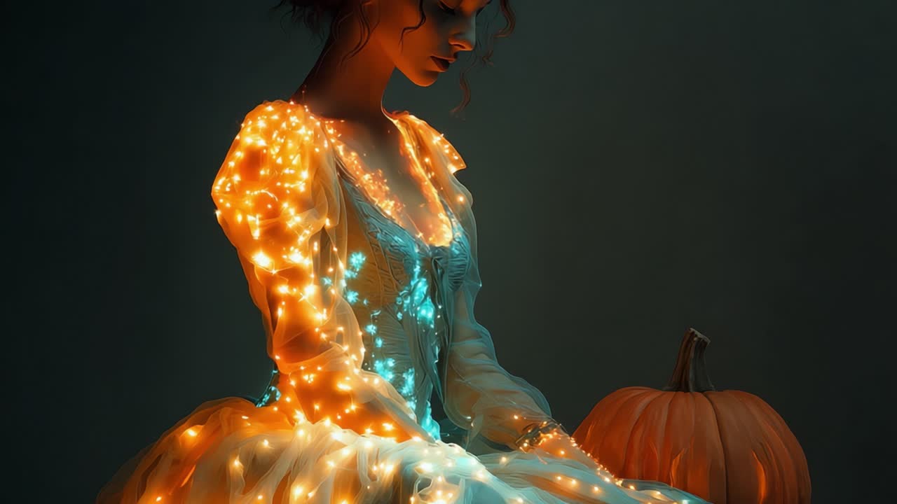 A Serene Enchantment: A Figure Decorated in Ethereal Lights and Autumn Hues Beside a Pumpkins, Capturing the Essence of Magical Seasons Transition