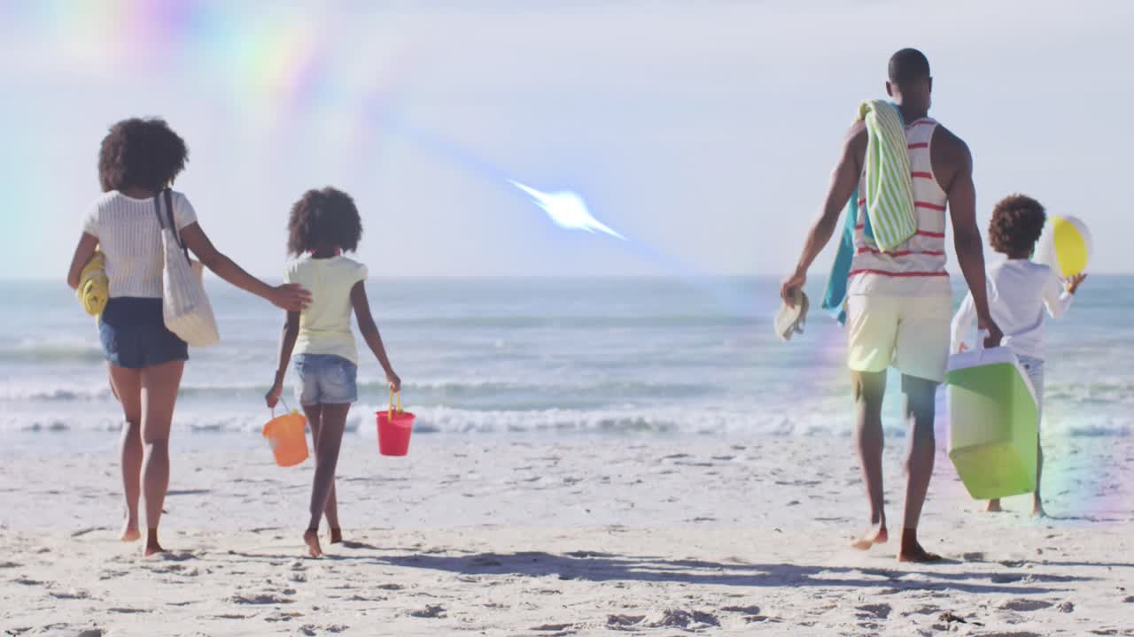 animación de senderos de luz sobre familia afroamericana en la playa