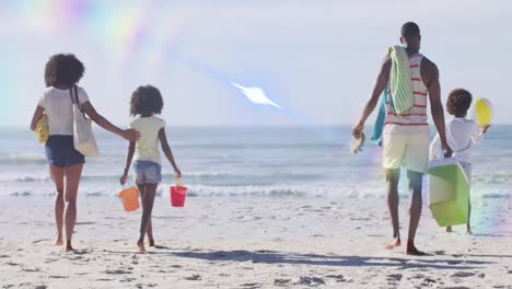 animation of light trails over african american family at beach