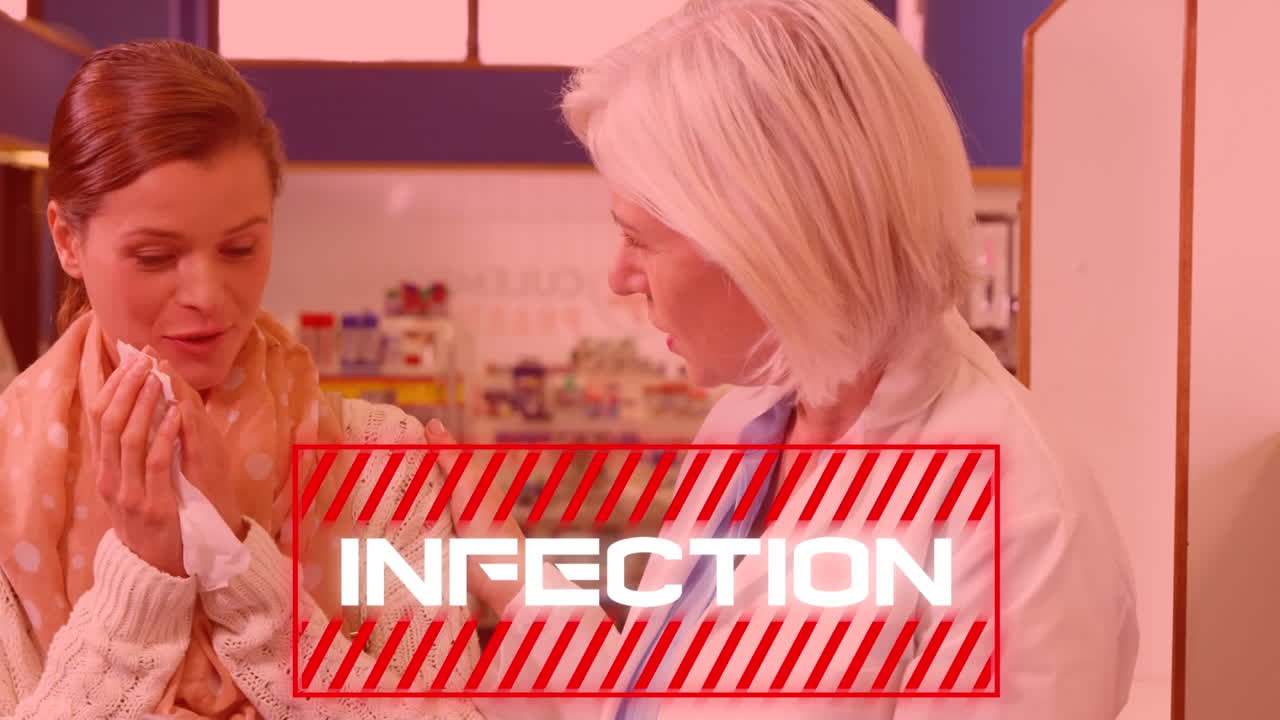 la parola "infezione" scritta su una donna malata sullo sfondo del coronavirus covid-19.