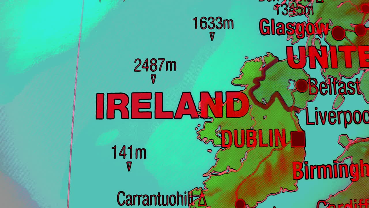 Close-up view of a political map showing Ireland and parts of the United Kingdom