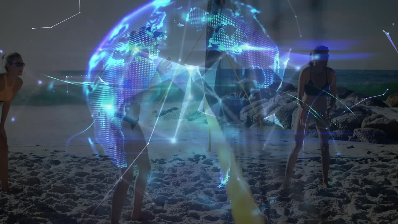 People playing beach volleyball with digital globe and network animation overlay