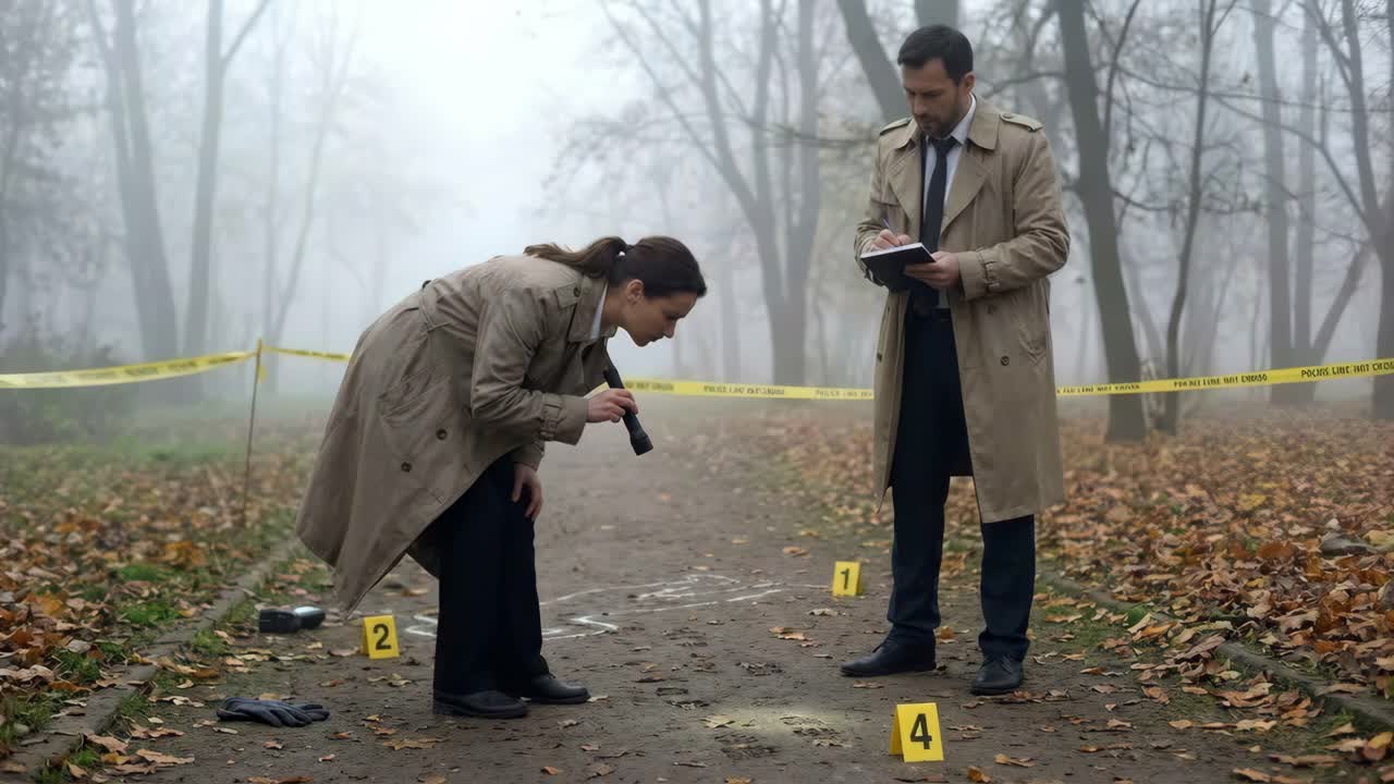 Detectives Investigating a Crime Scene in a Foggy Park