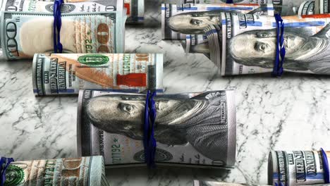 animation of money notes tied up and rolled up, rolling on horizontal surface. fortune and prosperity concept