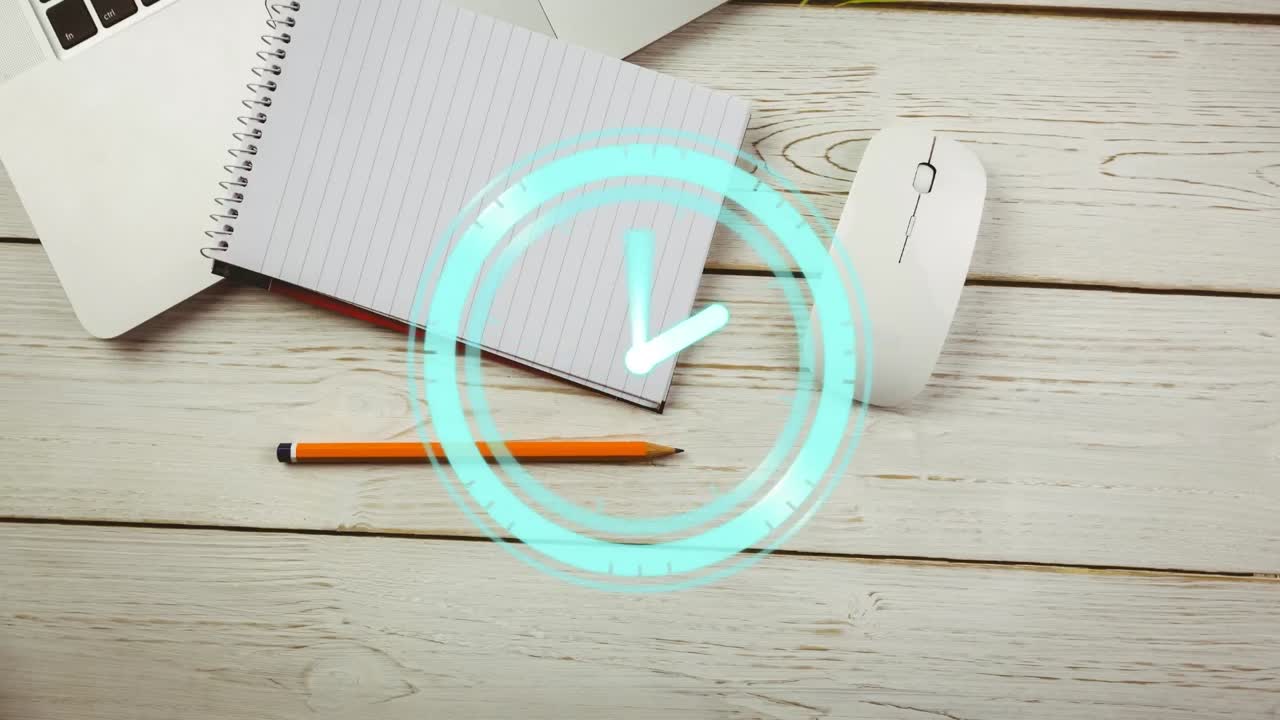 노트북 과 노트북 과 함께 책상 위 에 움직이는 시계 의 애니메이션