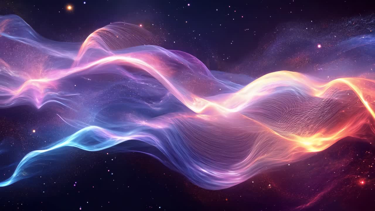 A colorful, swirling galaxy of purple, blue, and orange. The colors are vibrant and the shapes are fluid, creating a sense of movement and energy. The image evokes a feeling of wonder