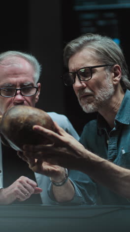 scientists examining an ancient skull