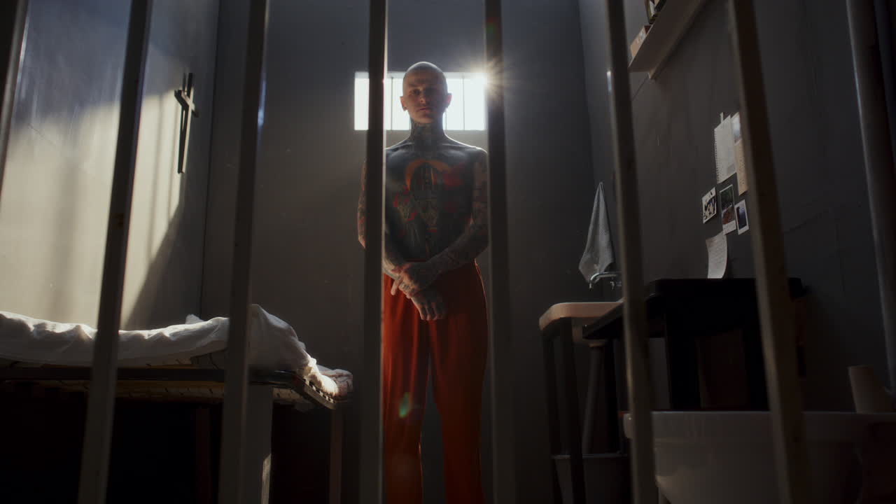 Portrait of Shirtless Tattooed Inmate Standing behind Bars in Prison Cell