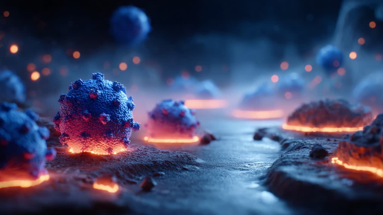 Visualizzazione surreale di particelle virali in mezzo a sfondi infuocati, che evidenzia le strutture microbiche in un ambiente oscuro ed etereo con elementi luminosi