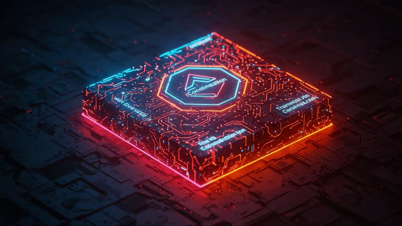 A Futuristic Microchip with Neon Circuitry Illuminated in Vibrant Colors, Showcasing Advanced Technology and Digital Innovation in a Dark Environment