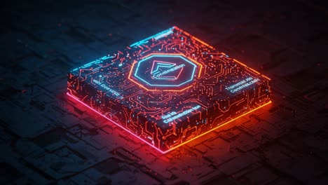 a futuristic microchip with neon circuitry illuminated in vibrant colors, showcasing advanced technology and digital innovation in a dark environment