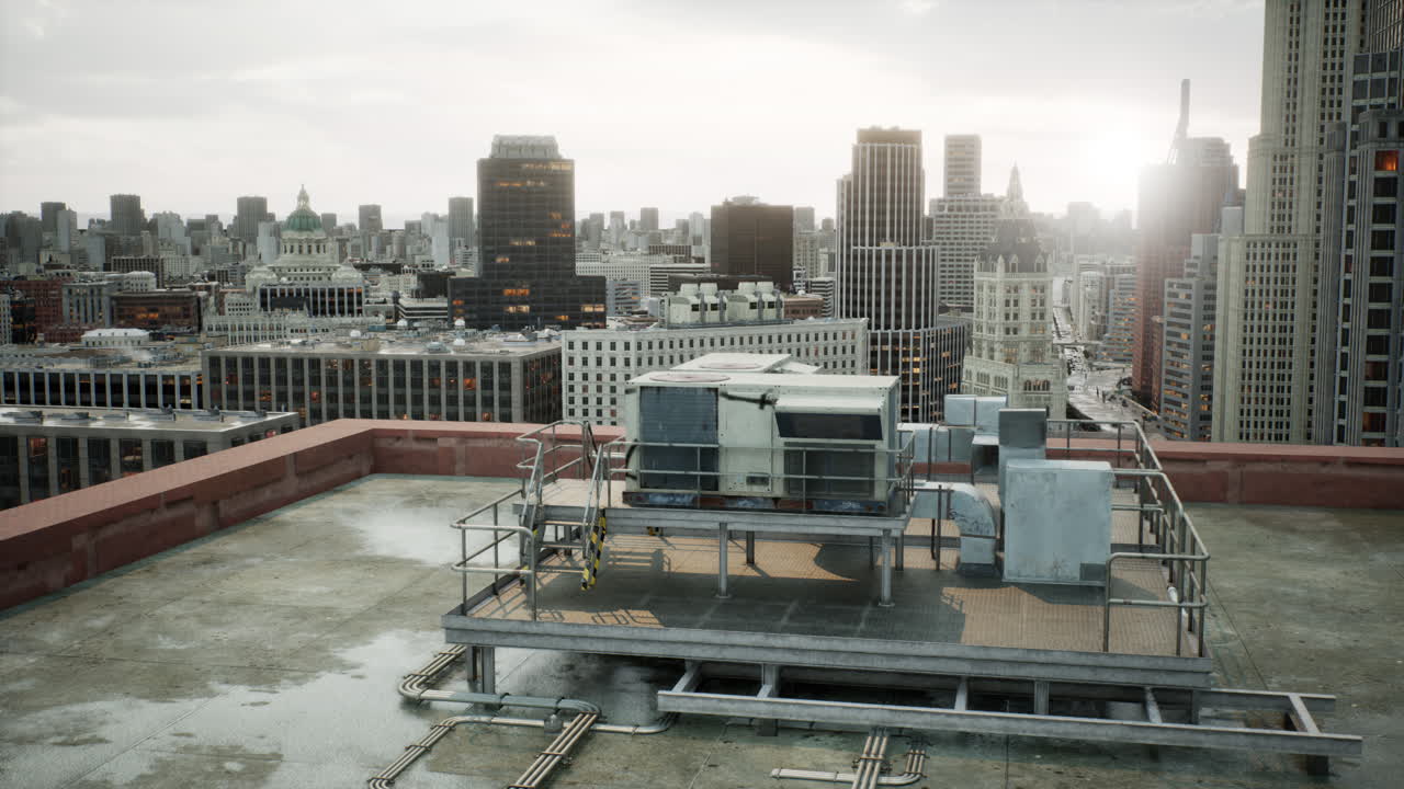 The roof of building with skyscrapers view on the city
