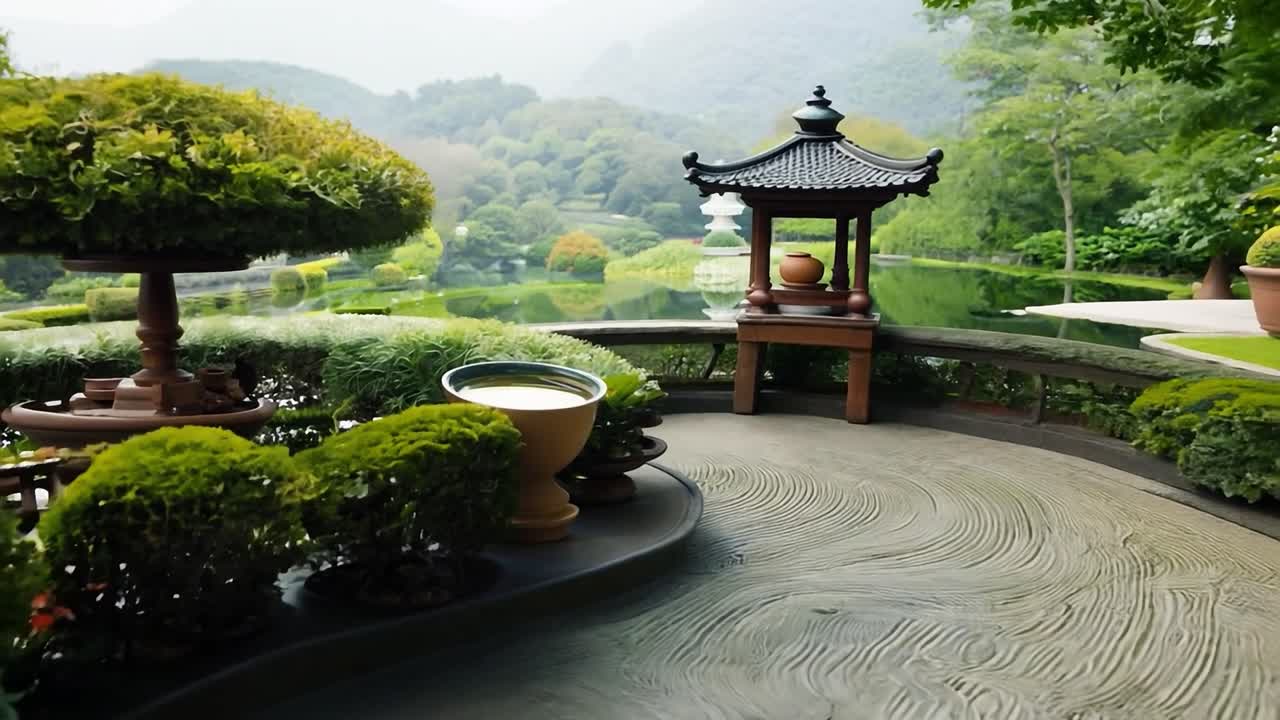 jardín zen con estanque y pagoda