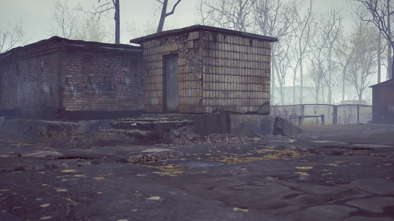 Mysterious abandoned building shrouded in fog during early morning light
