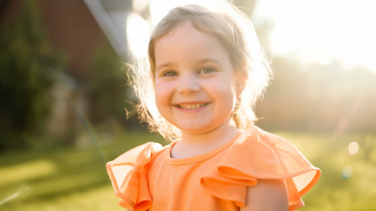 Menina Branca Dançando em Quintal Ensolarado, Tutu Laranja e Asas de Fada, Brilho da Hora Dourada, Coluna de Balões Coloridos