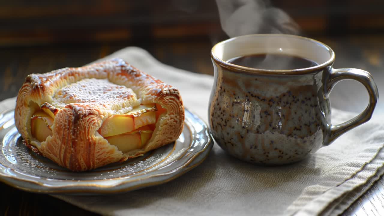 Delicious Pastry and Warm Coffee: A Cozy Morning Delight with Freshly Baked Apple Danish and Steaming Mug of Brewed Coffee