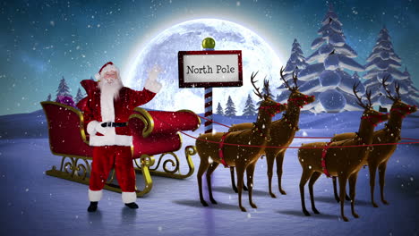 santa waving in his sleigh with reindeer at the north pole