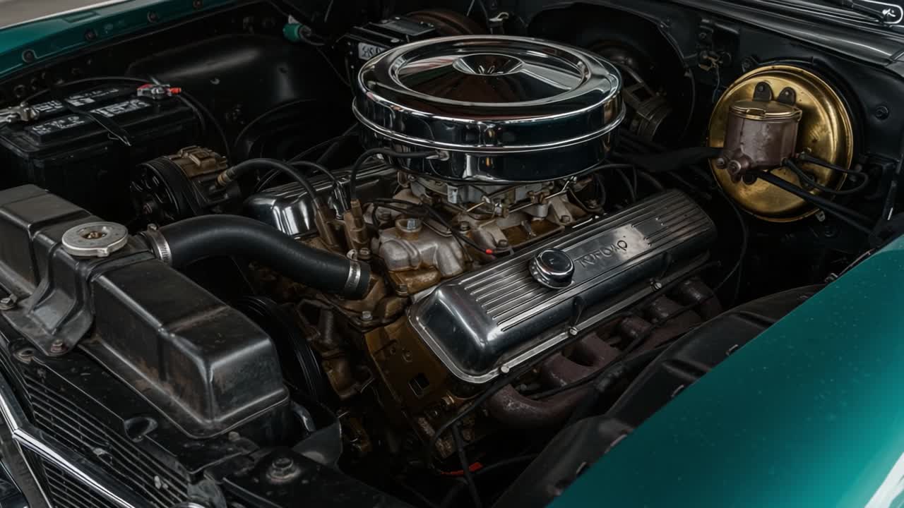 Detailed Close-Up of a Classic Car Engine, Highlighting the Intricate Design and Classic Aesthetics of Vintage Automotive Engineering