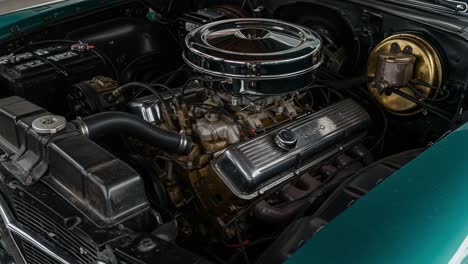 detailed close-up of a classic car engine, highlighting the intricate design and classic aesthetics of vintage automotive engineering