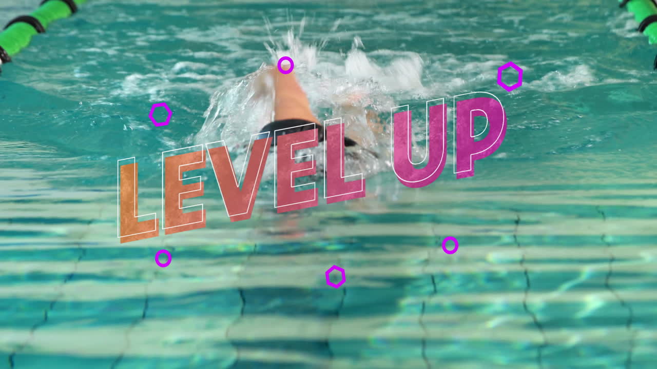 Swimmer in pool with Level Up text and purple dots animation
