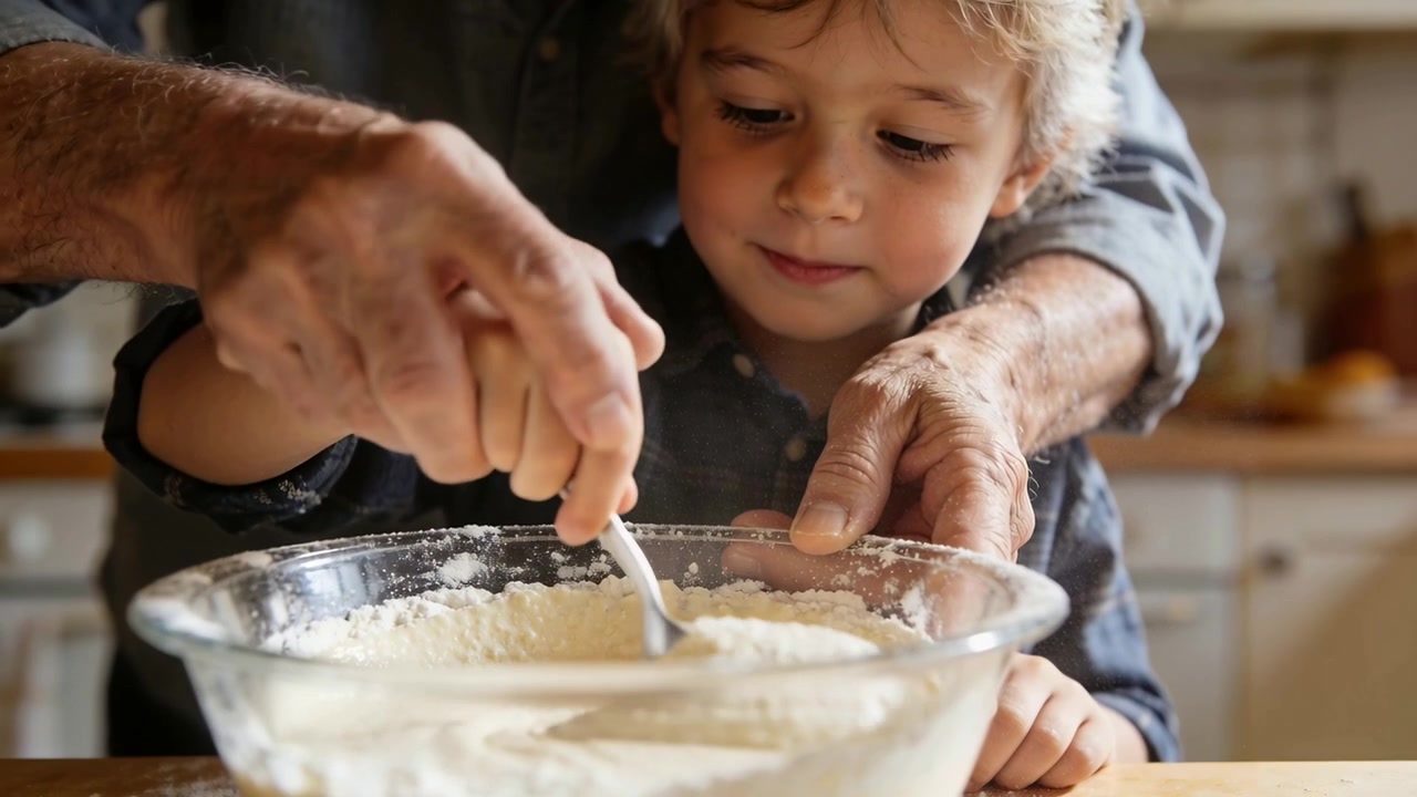 Placing arms, guiding senior steadying child in plaid shirt stirring mixing bowl at home, teaching
