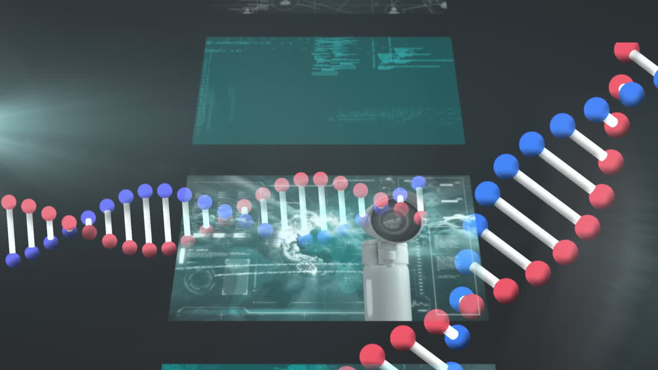 animación de cadenas de adn y pantallas con procesamiento de datos