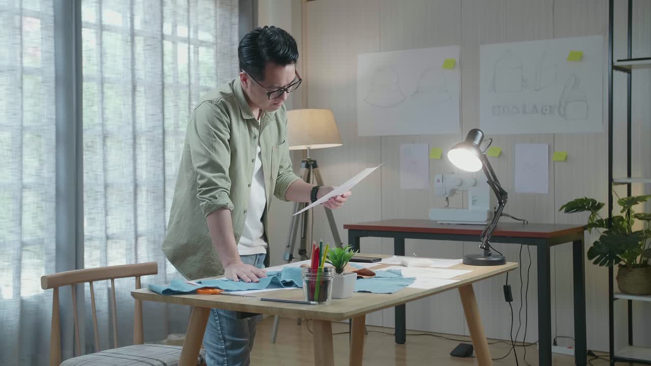 사무실에서 레이아웃 본드를 보는 동안 직물 생각으로 아시아 남자 디자이너의 측면 뷰