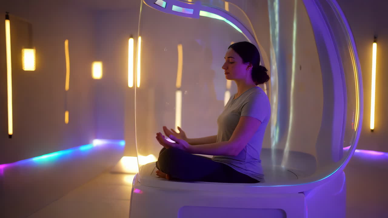 Woman Meditating in a Futuristic Wellness Pod with Ambient Lighting
