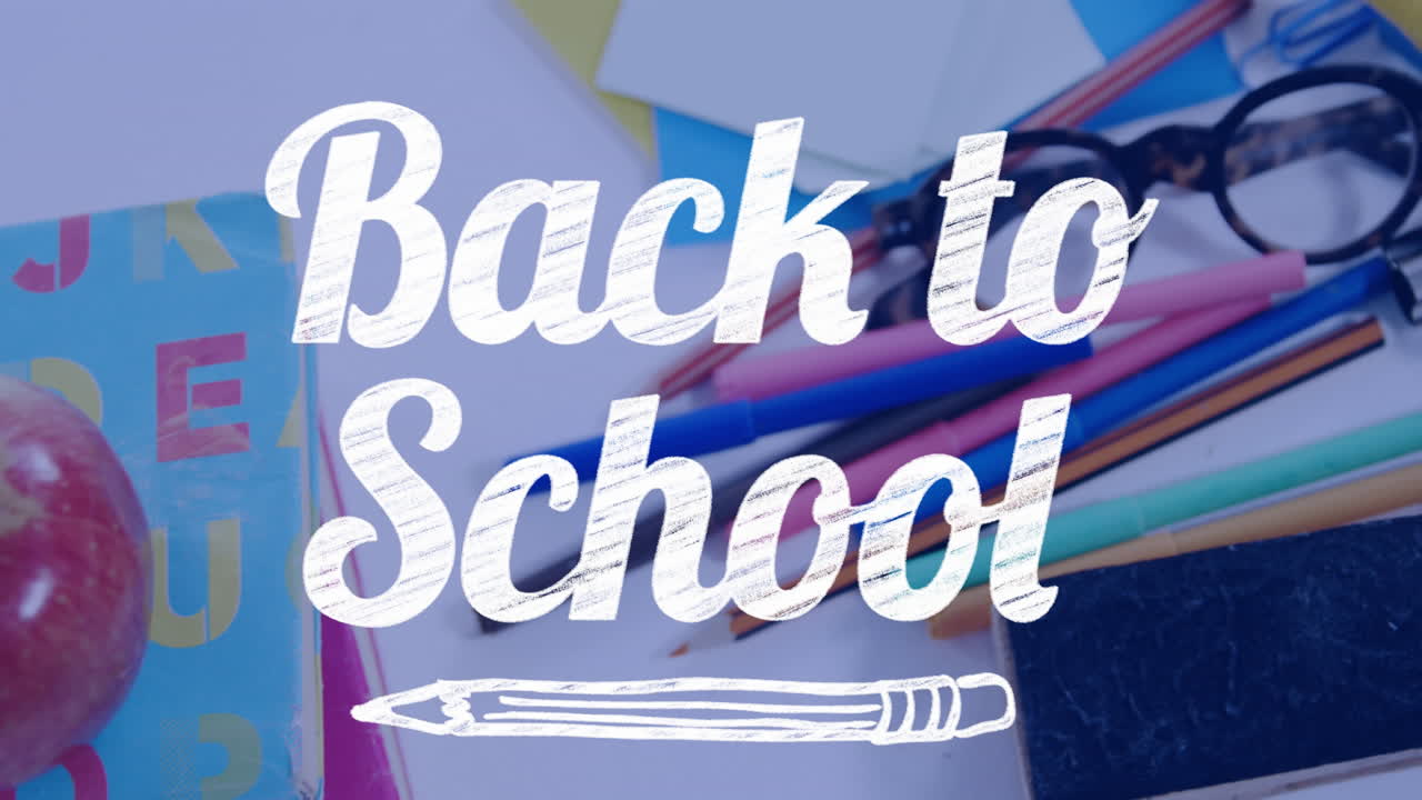 학교 아이템 위에 학교 복귀 텍스트의 애니메이션