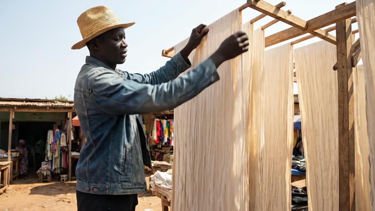 Uomo africano che ispeziona un tessuto tinto a mano in un mercato all'aperto