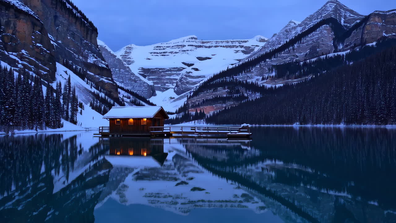 Winter Cabin on a Mountain Lake in the Canadian Rockies